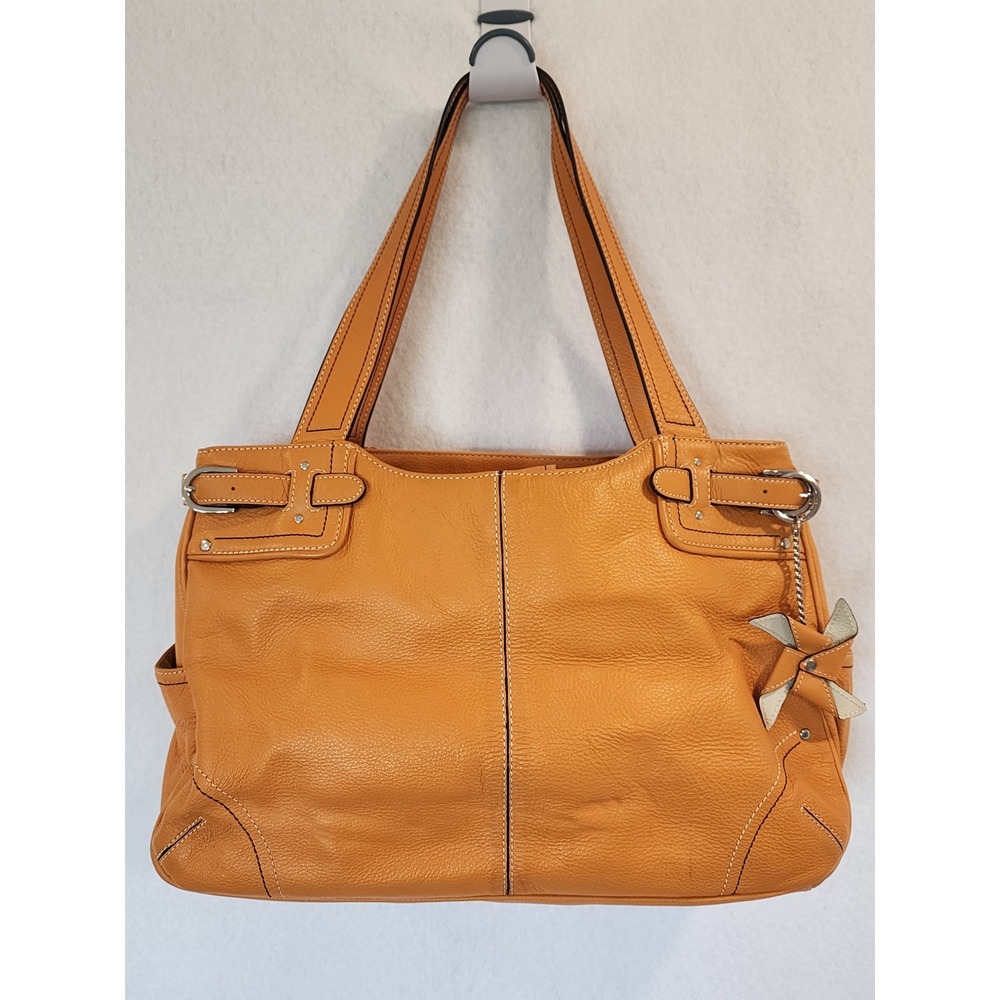 Franklin Covey Yellow Full Grain Leather Tote Shoulder Bag Pinwheel Charm 32545